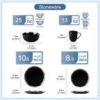 16/32 Piece Black Porcelain Dinnerware Set with Gold Trim