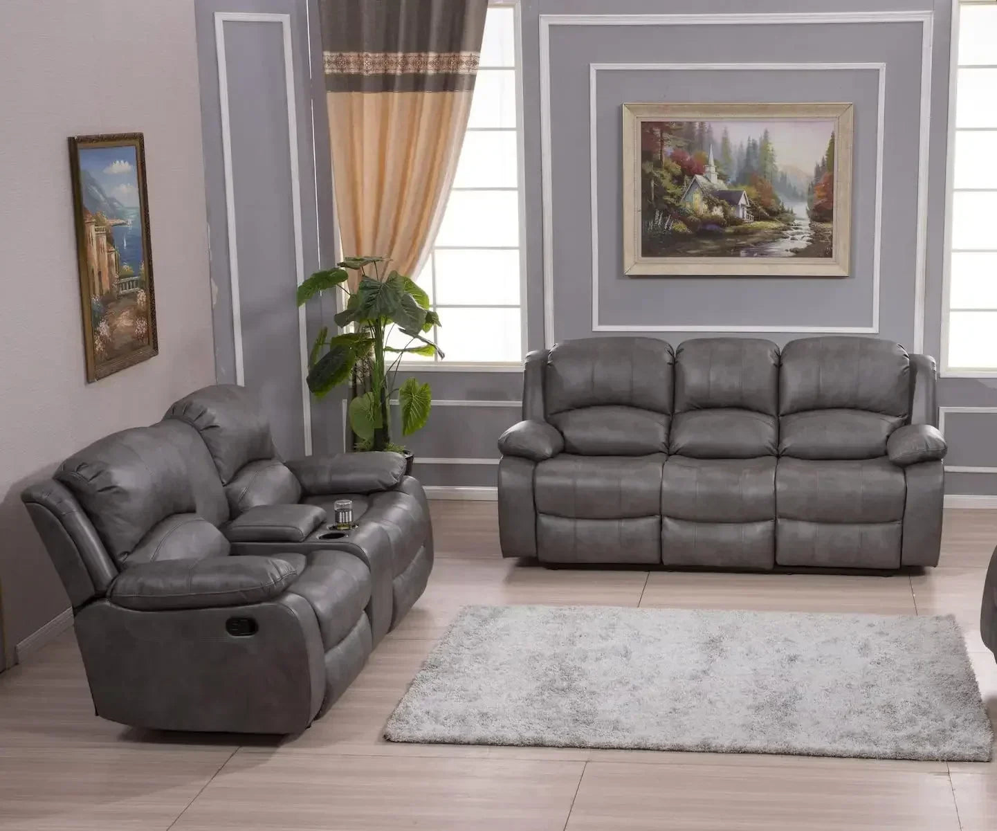 2PC Leather Reclining Sofa Loveseat Set