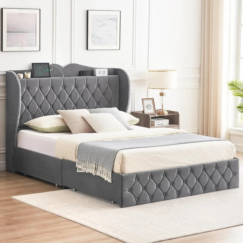 King Size Bed Frame, 4 Storage Drawers, Charging Station
