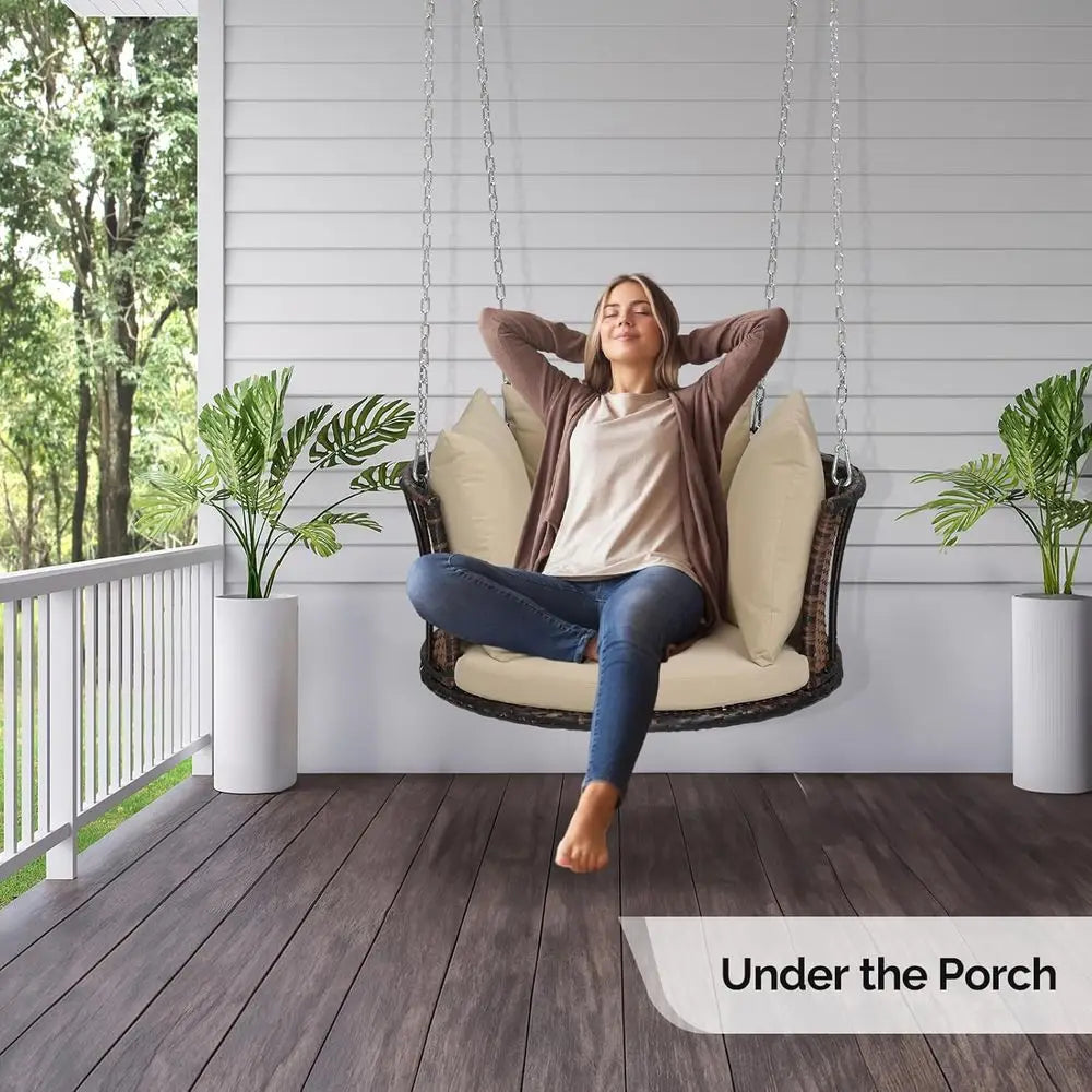 1-Person Use Round Rattan Porch Swing Outdoor Support 440 LBS with Cushions & Adjustable Chains