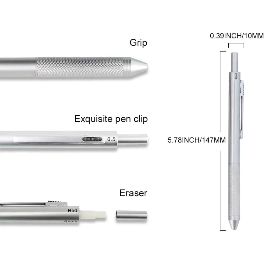 4-in-1 Multi-Function Refillable and Retractable Ballpoint Pen with 0.5mm Mechanical Pencil Fine Point Silver Metal Barre
