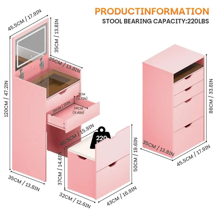 Compact Table with 3 Storage Drawers & Cushioned Stool