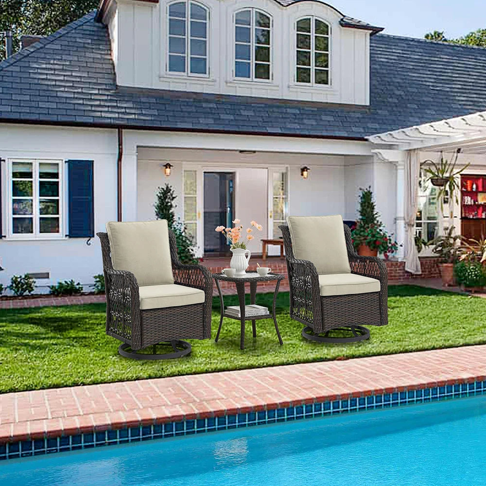 3-Piece Wicker Swivel Rocking Patio Set, 2 Chairs & Glass Table