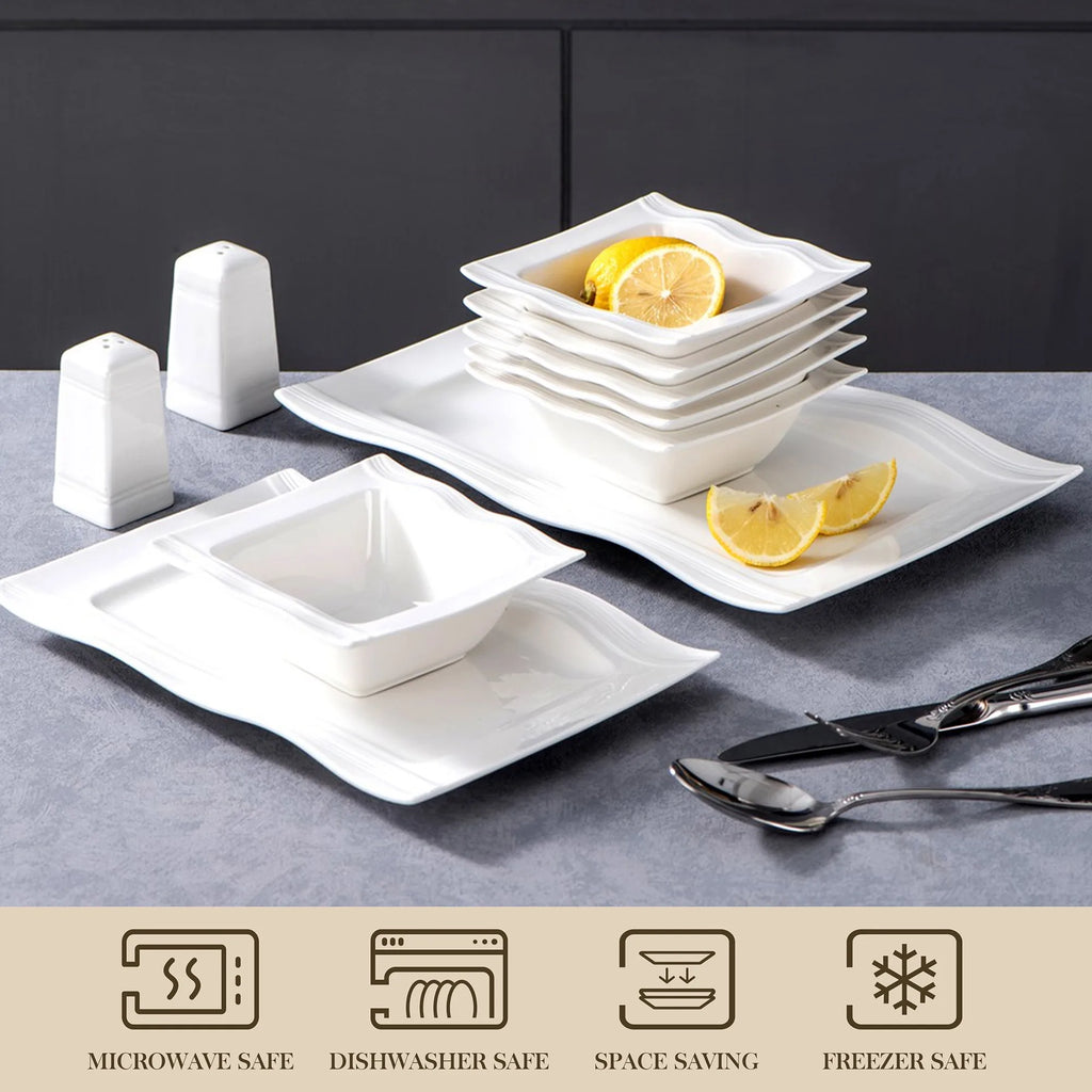 Square Dinnerware Sets 28 Piece White Porcelain Plates and Bowls Set Salt Pepper Pot Salad Pasta Bowls Dinner Set