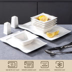 Square Dinnerware Sets 28 Piece White Porcelain Plates and Bowls Set Salt Pepper Pot Salad Pasta Bowls Dinner Set