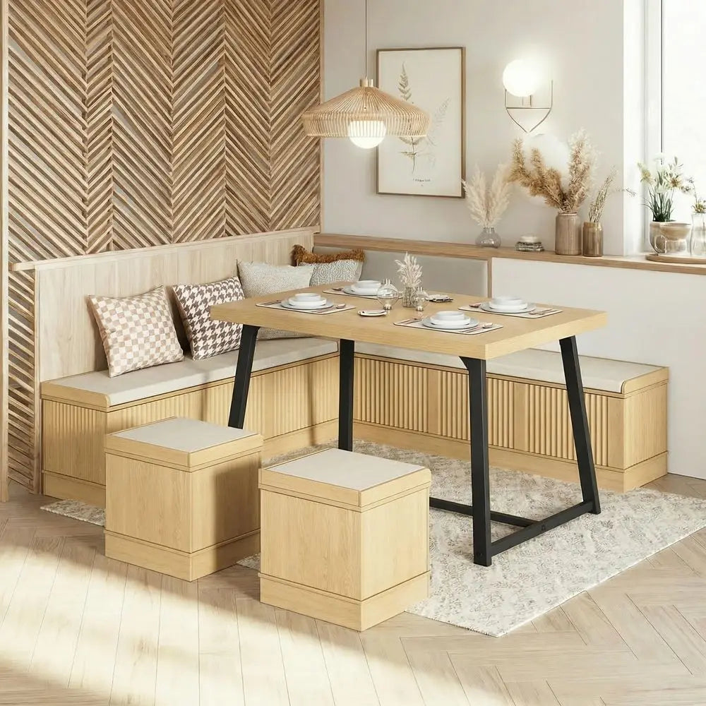 Corner Dining Table Set, 43 Inch Breakfast Nook Table Set with Bench with Hidden Storage amp 2 Ottomans, 5Piece