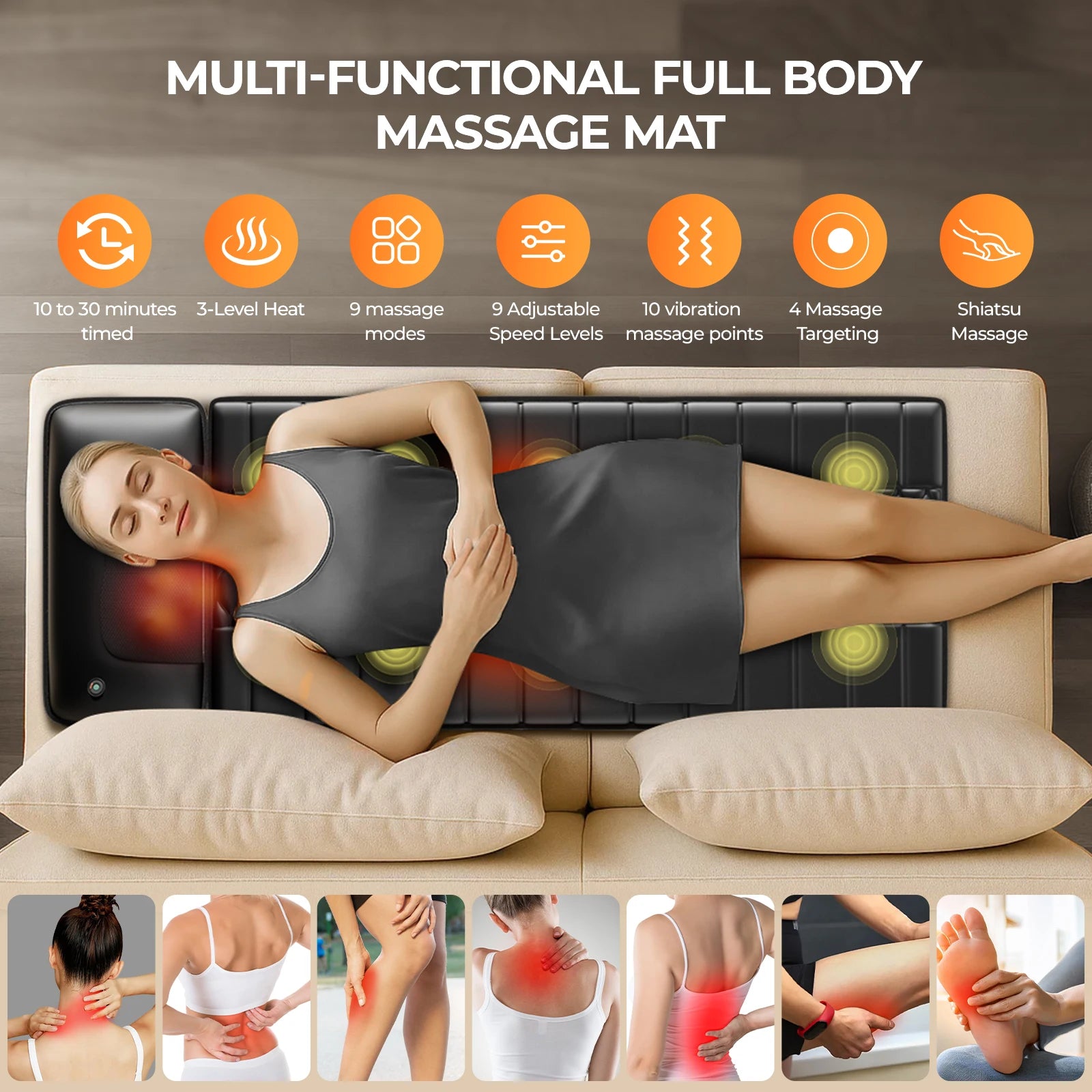 Full Body Massage Mat with Heat, Detachable Massager Pad, 10 Vibrating Motors, 9 Intensity Levels