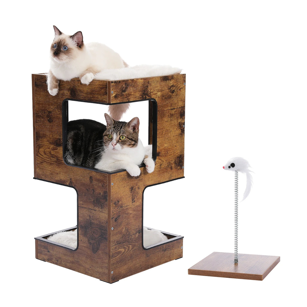 Wood Cat Condo House Bed with Removable Soft Mats, Scratching Pad