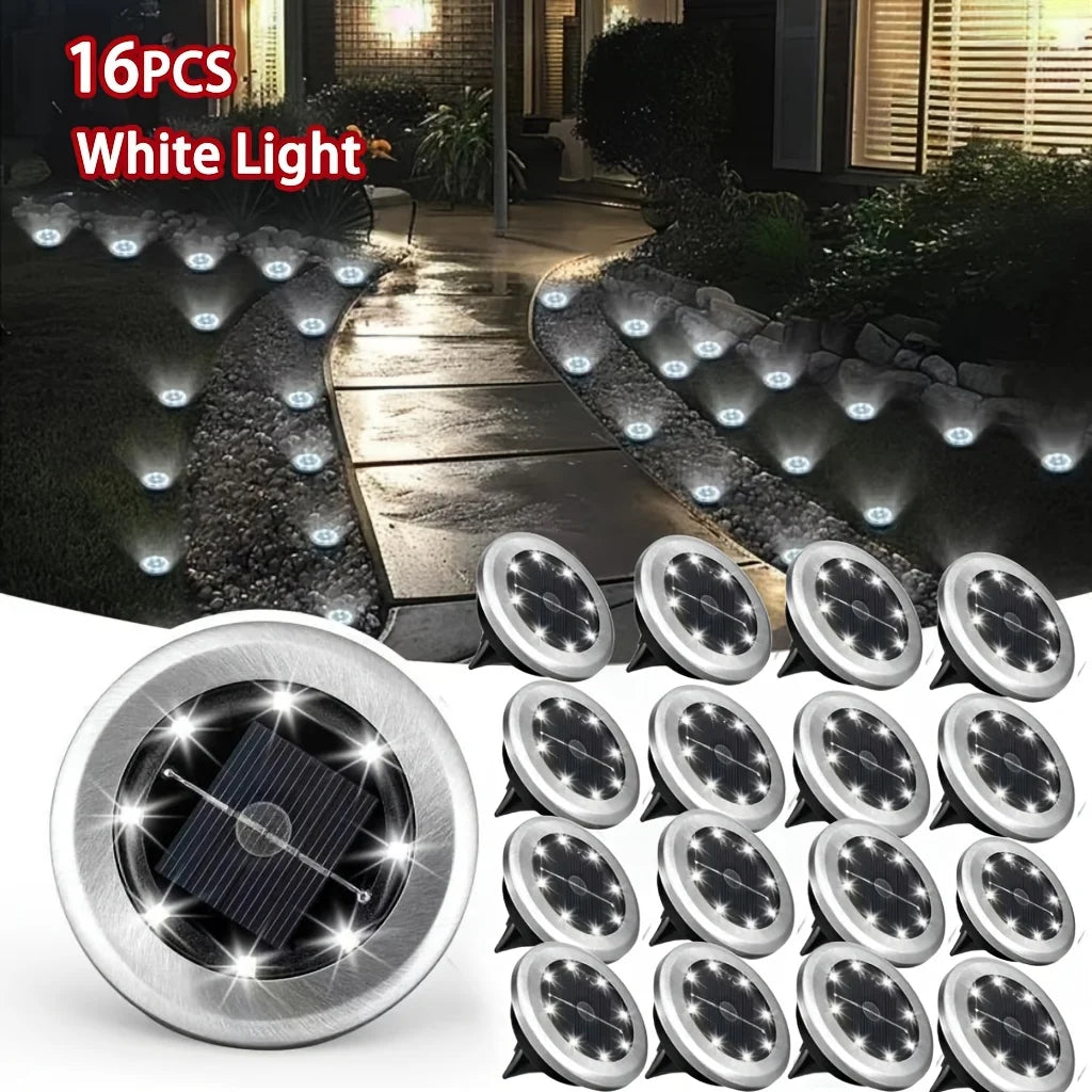 16/24 Sets Of 8-LED Outdoor Solar Small-sized Stainless Steel Floor Lamps, IP44 Waterproof, Solar Garden Lights, LED Landscape Lights, Suitable for Lawns, Courtyards, Decks, Terraces, Walkways, And Walkway Lighting (cold Whit