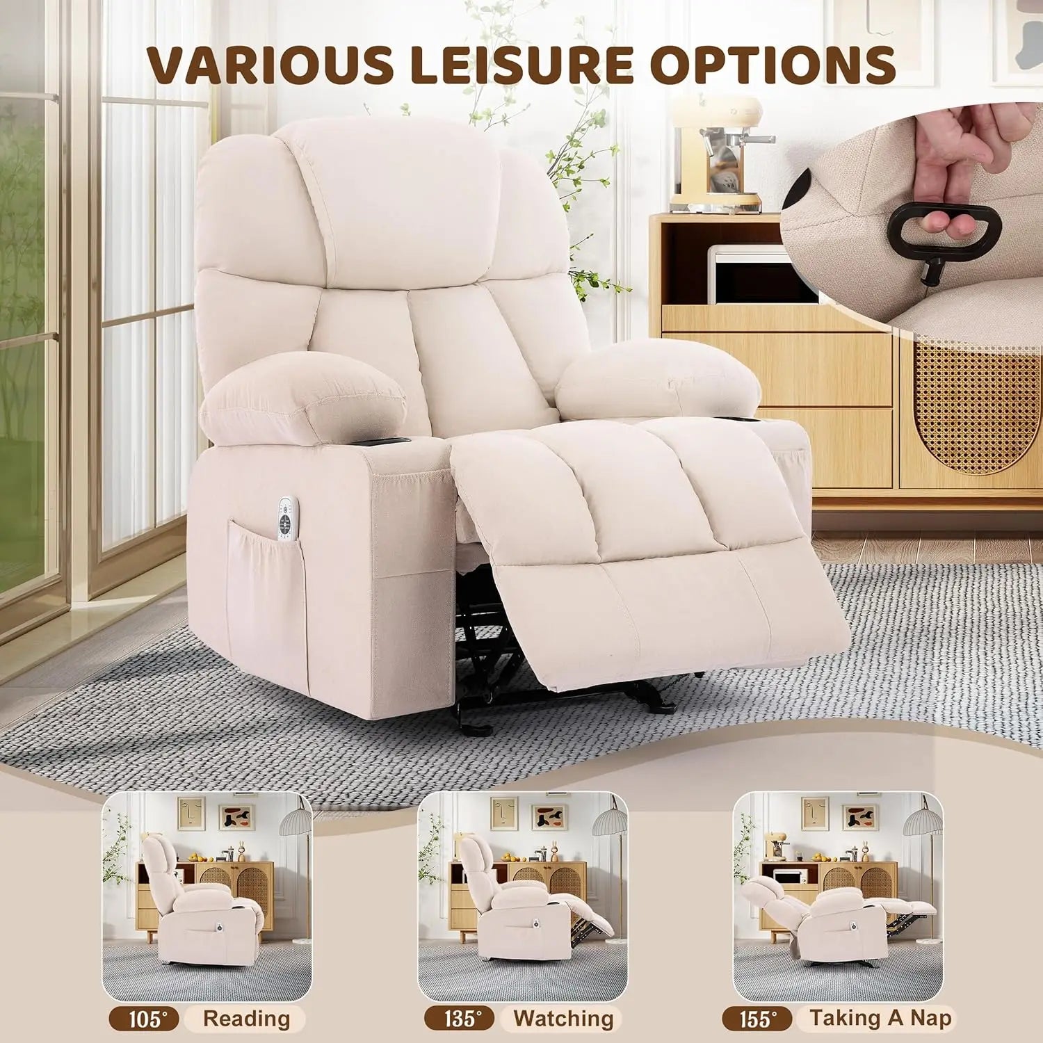 Massage Rocker Recliner Chair with Heat & Vibration 4 Pockets 2 Cup Holders