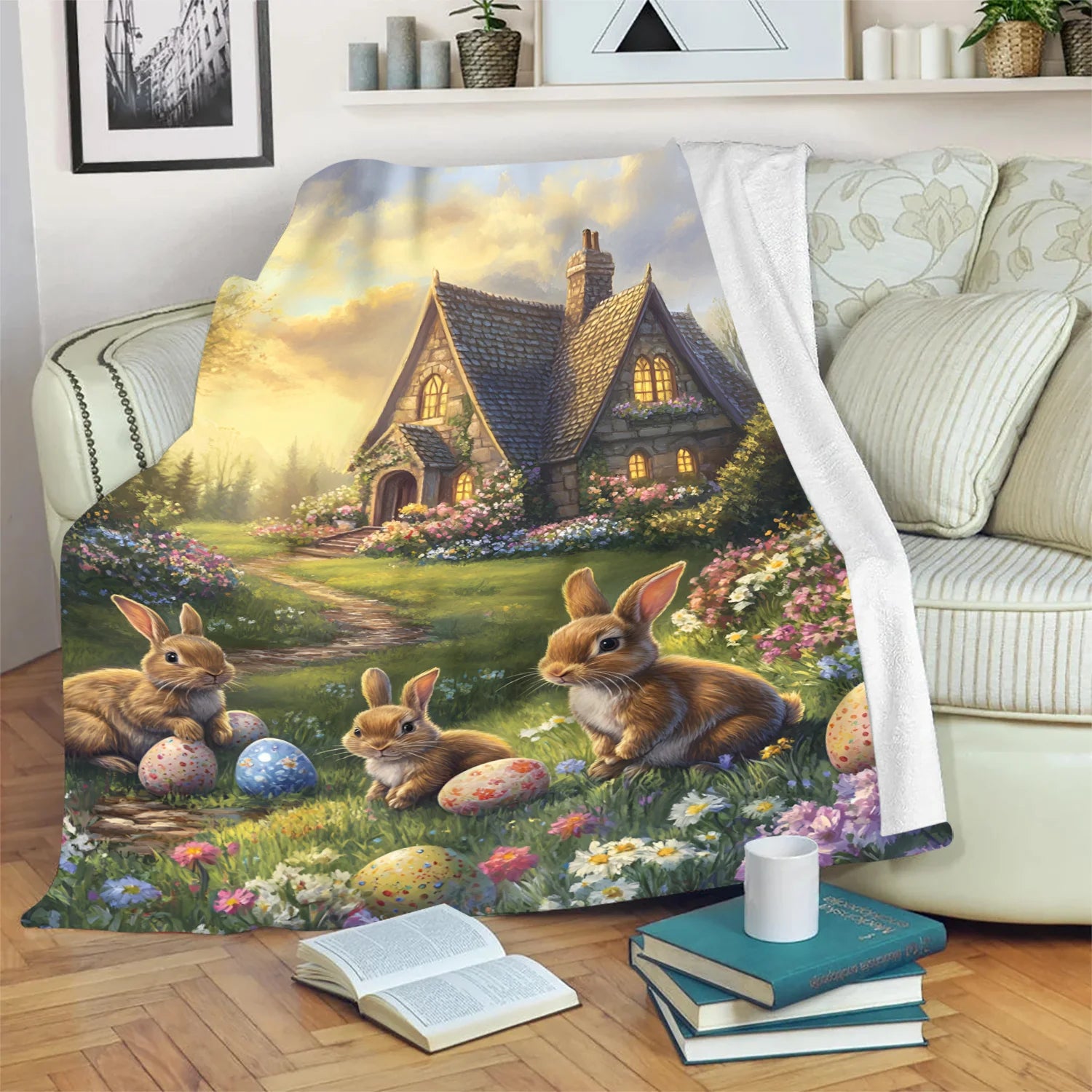 Easter Bunny Stone Cottage Flannel Blanket - Cozy All-Season with Rabbit Colorful Egg Design, Perfect Home Decor or Gift