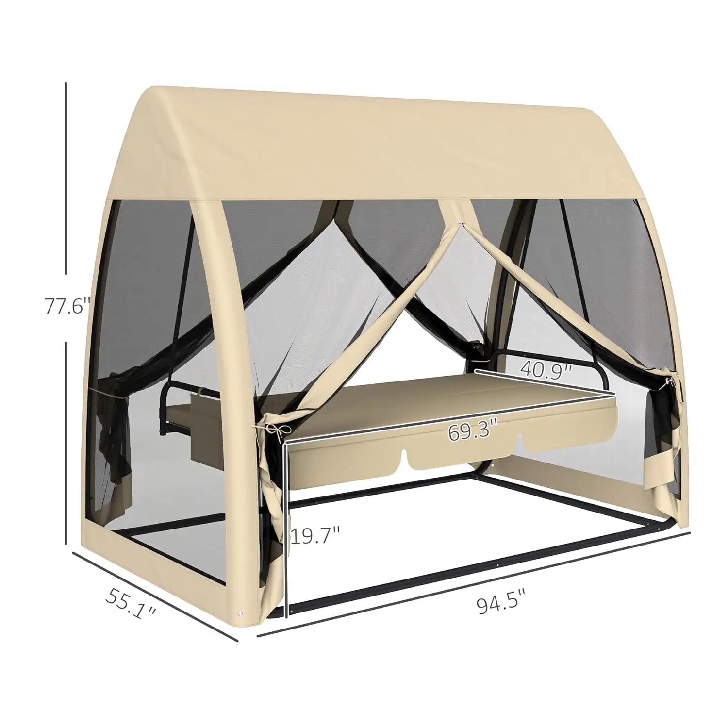 3-Seat Outdoor Porch Swing Bed with Convertible Backrest Cushion Canopy