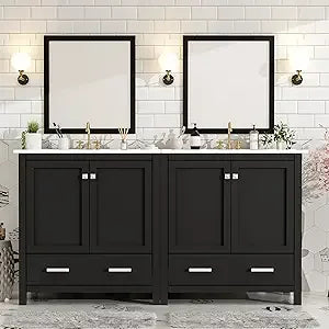 60" Bathroom Vanity with Double Sink, Solid Wood Bathroom Cabinet with 2 Drawers, Storage Racks & 2 Cabinets, Separate Two 30 In