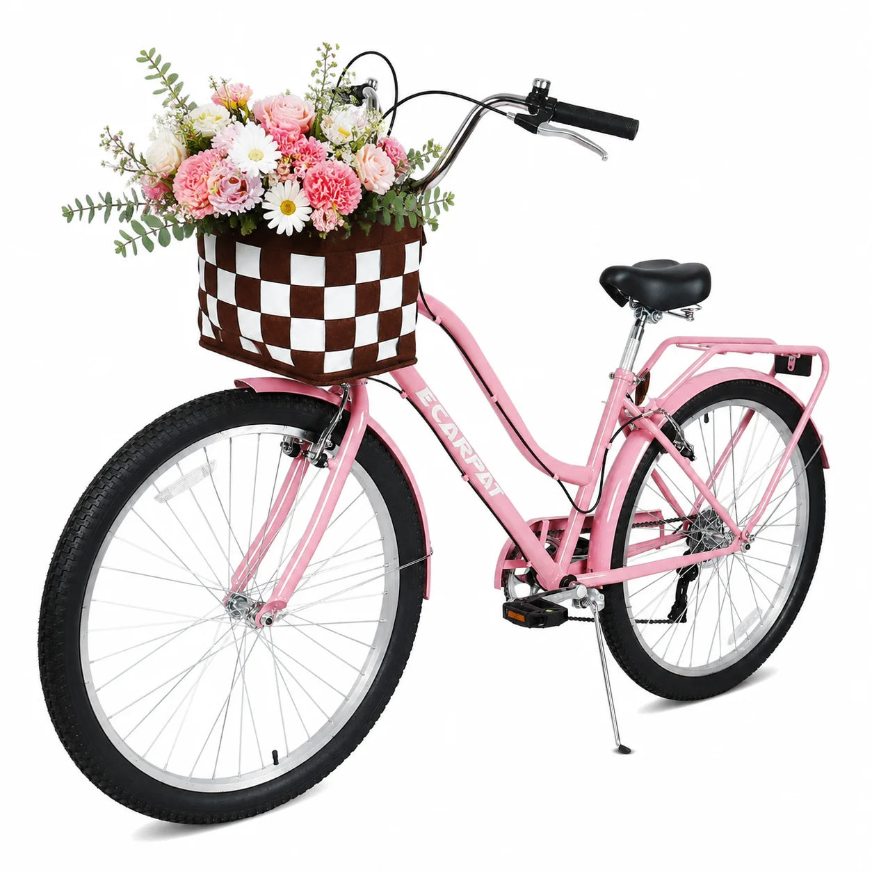 26 Inch Beach Cruiser Bike for Women, 7 Speed Commuter Bicycle with Rear Rack and Basket, Steel Frame Comfortable City Bike with Dual V-Brakes for Adults