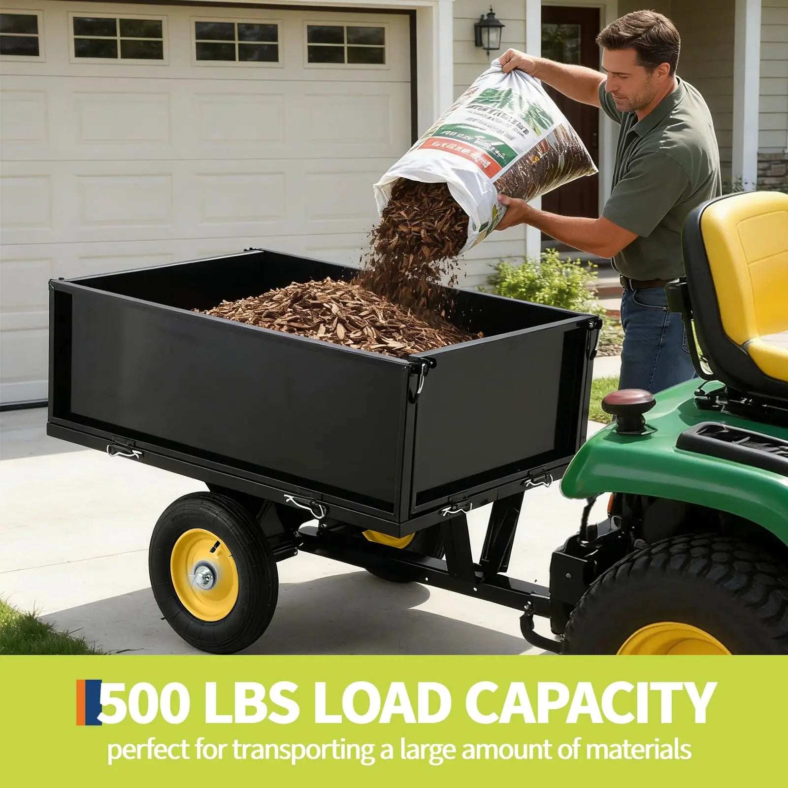 500LB Capacity Multifunctional Dump Cart With Removable Tailgate For ATV Lawn Mower Tractor