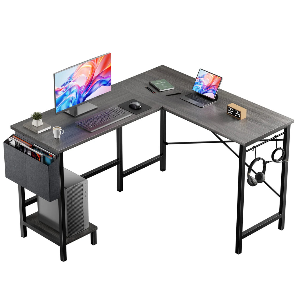 L Shaped Standing Office Computer Desk with Storage Bag and Side Hook