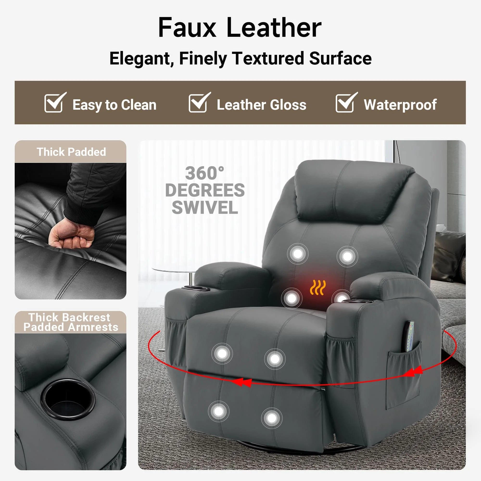 Recliner Chair with Massage and Heat, 360° Swivel Rocking Chairs for Adults, Remote Control and Cup Holder