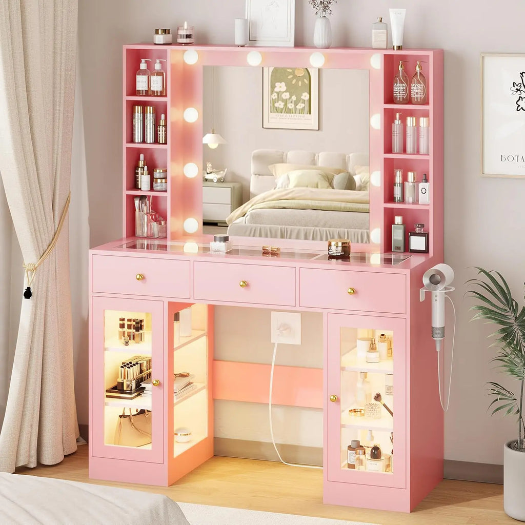 Glass Top Vanity with Lighted Mirror & RGB Glass Cabinet and 3 Drawers