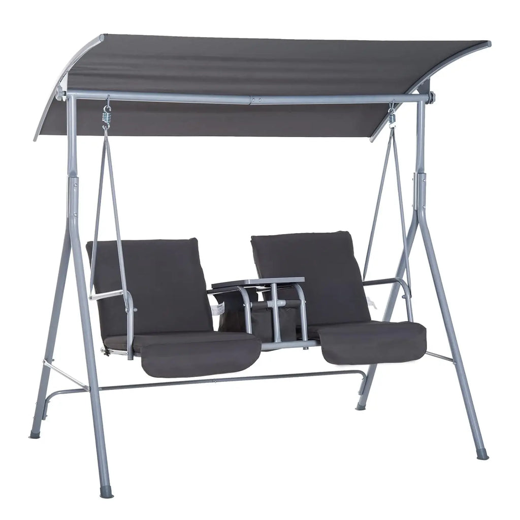 2 Person Outdoor Porch Swing with Stand Canopy, Pivot Storage Table, 2 Cup Holders, Cushions