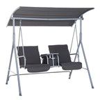 2 Person Outdoor Porch Swing with Stand Canopy, Pivot Storage Table, 2 Cup Holders, Cushions
