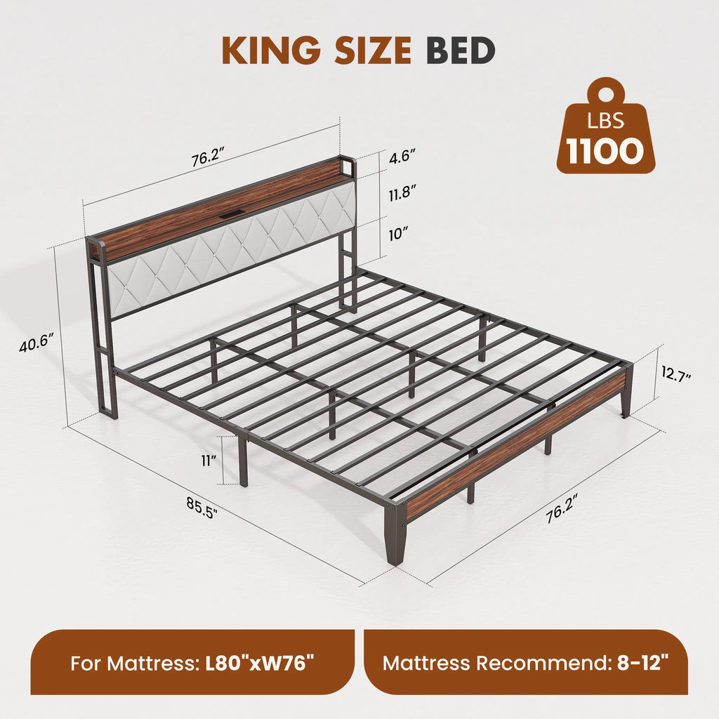 Heavy Duty Metal Bed Frame with Headboard Charging Station 1100lbs Capacity Easy Assembly For Bedroom