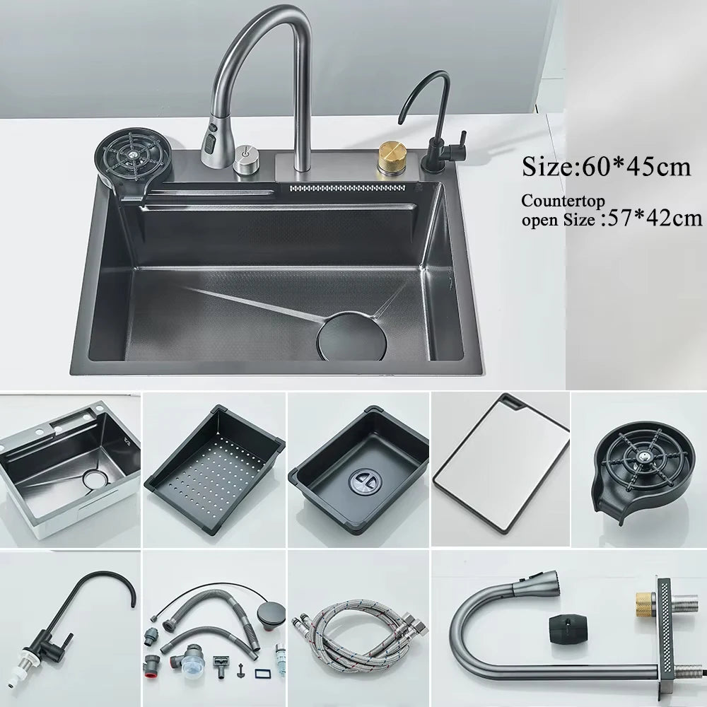 304 Stainless Steel Waterfall Kitchen Sink Large Single Slot
