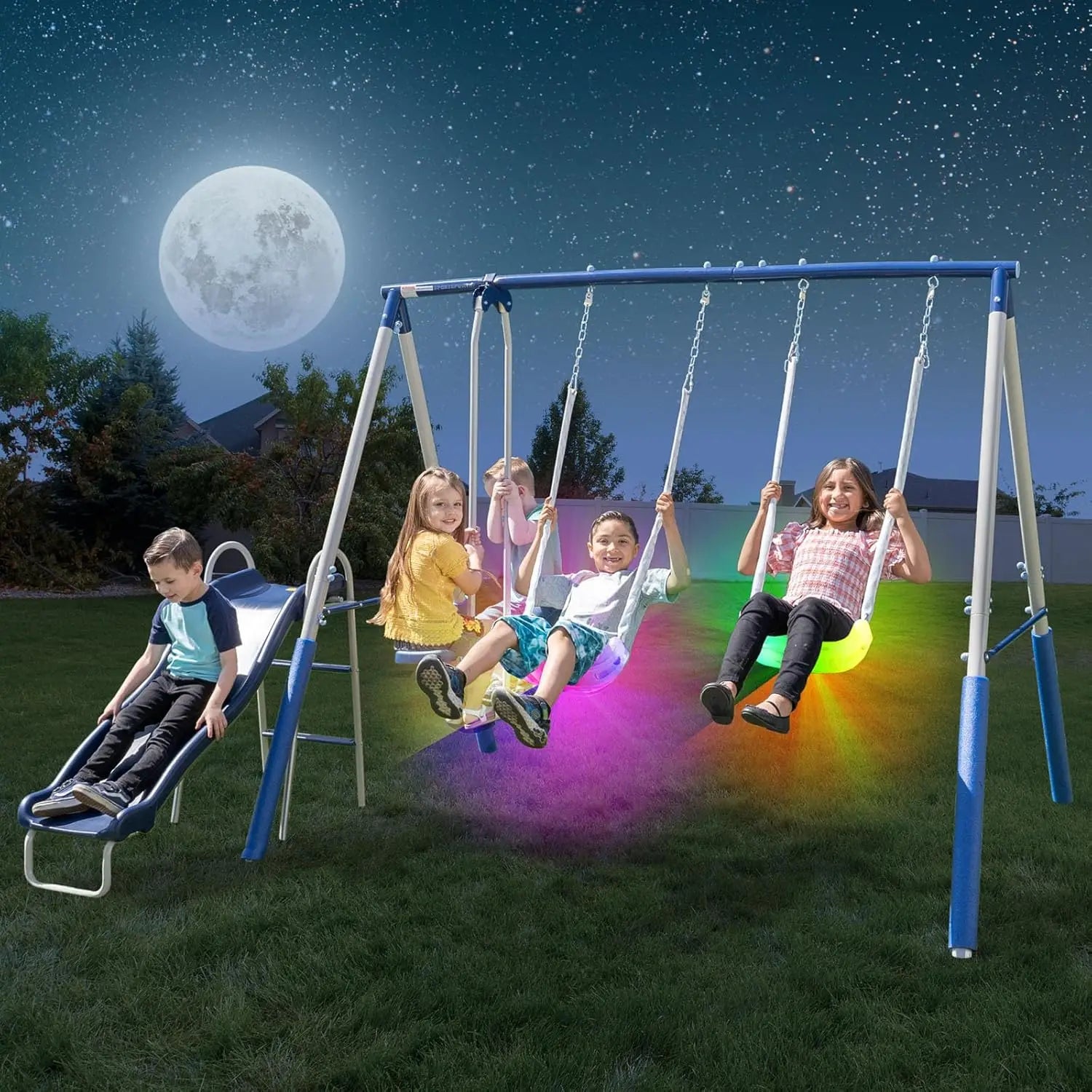 4-in-1 LED Swing Set with Glider and Slide, 500LBS Capacity, Durable Steel Frame