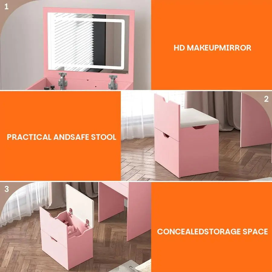 Compact Table with 3 Storage Drawers & Cushioned Stool