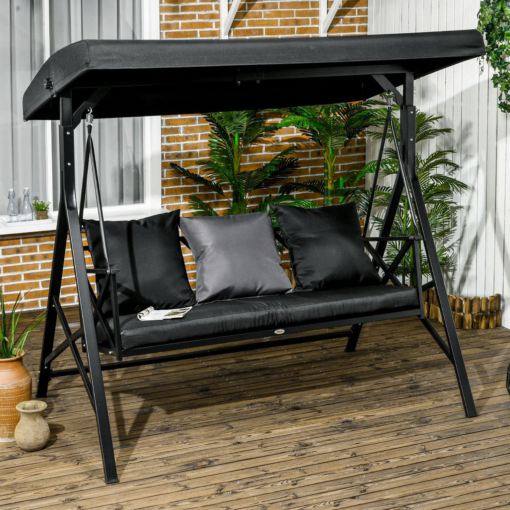 3-Seat Porch Swing Adjustable Canopy Cushion Black