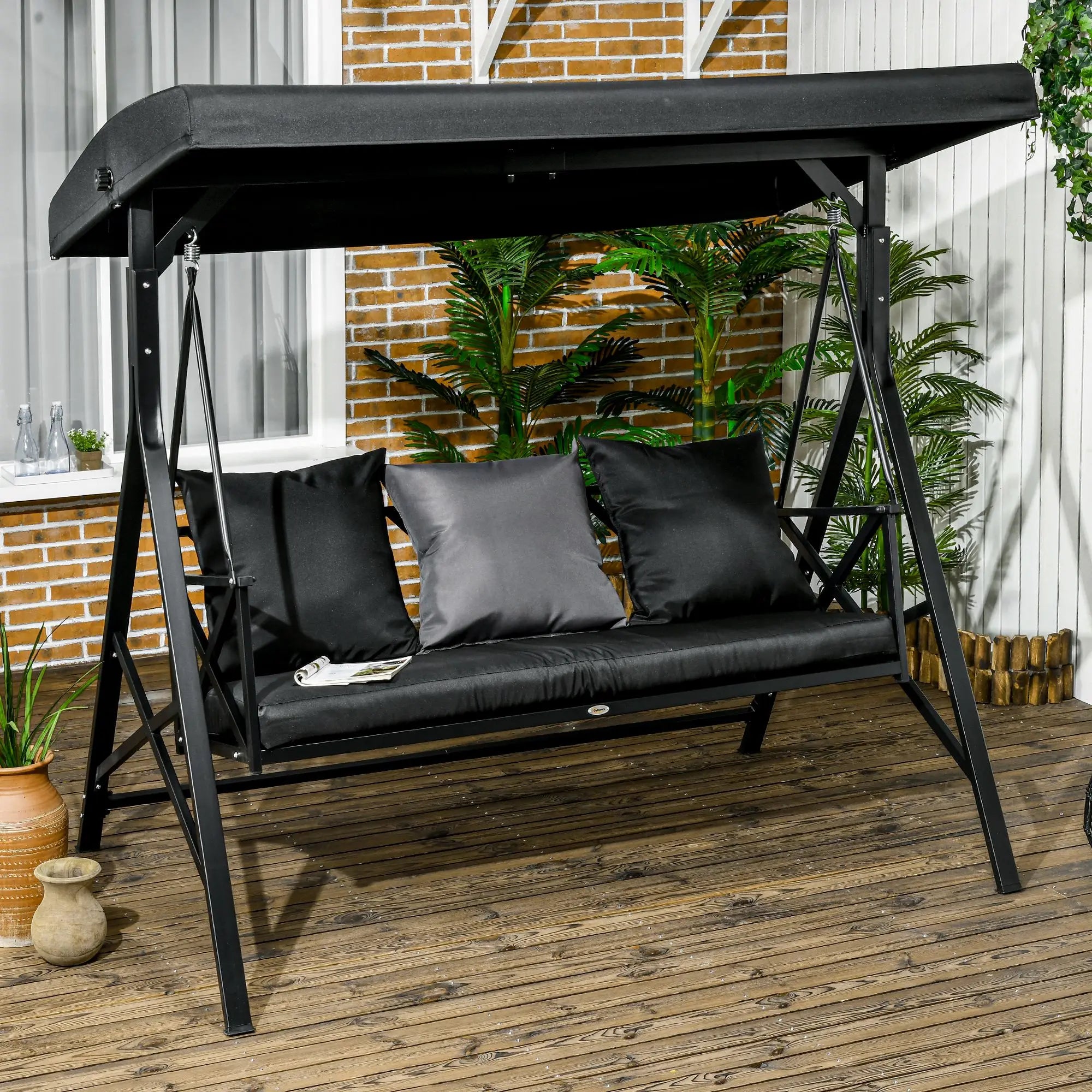 3-Seat Porch Swing Adjustable Canopy Cushion Black