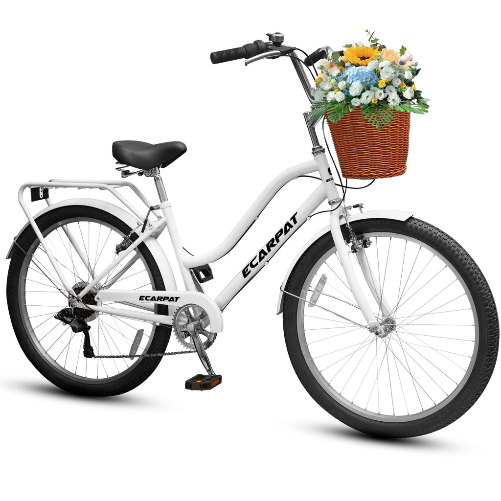 26 Inch Beach Cruiser Bike for Women, 7 Speed Commuter Bicycle with Rear Rack and Basket, Steel Frame Comfortable City Bike with Dual V-Brakes for Adults