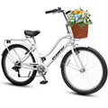 26 Inch Beach Cruiser Bike for Women, 7 Speed Commuter Bicycle with Rear Rack and Basket, Steel Frame Comfortable City Bike with Dual V-Brakes for Adults