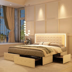 Queen LED Bed Frame with 4 Storage Drawers, RGBW Headboard, PU Upholstered, No Box Spring Needed, 900 lbs Support