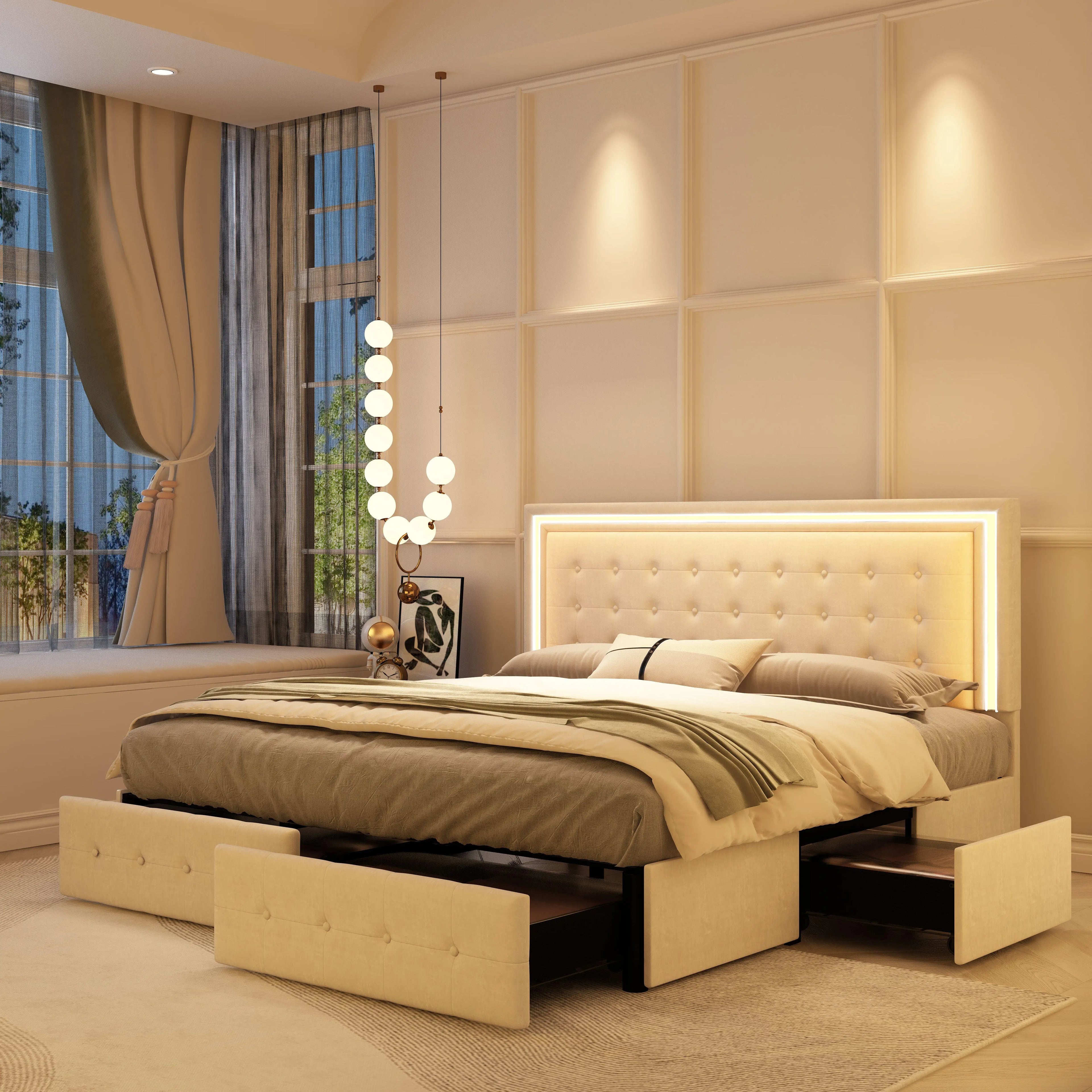 Queen LED Bed Frame with 4 Storage Drawers, RGBW Headboard, PU Upholstered, No Box Spring Needed, 900 lbs Support