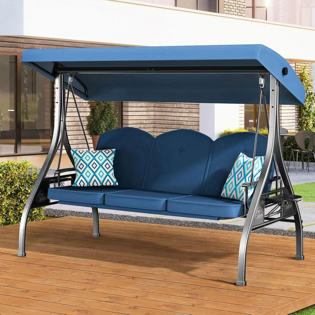 3 Seat Outdoor Porch Patio Swing with Stand 800lbs, 2-in-1 Convertible Swing Bed