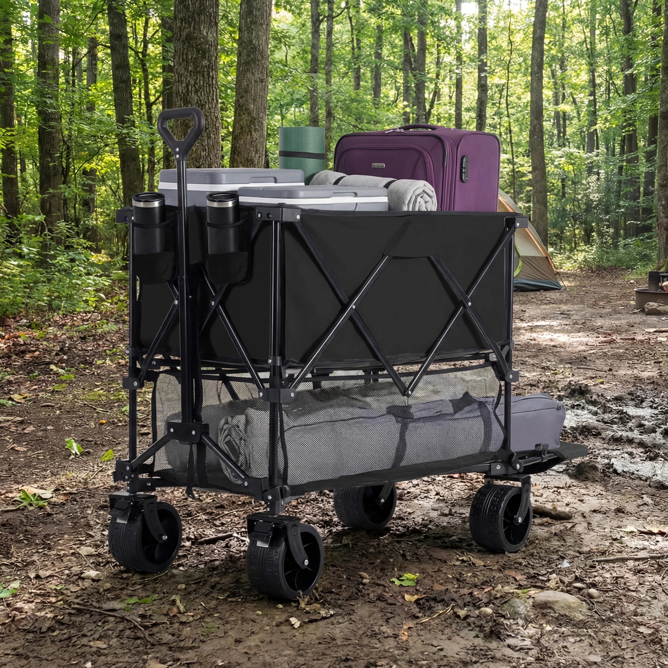 Outdoor Double Decker Wagons Cart 440 lbs Large Capacity Collapsible Foldable Cart for Grocery Garden Camping