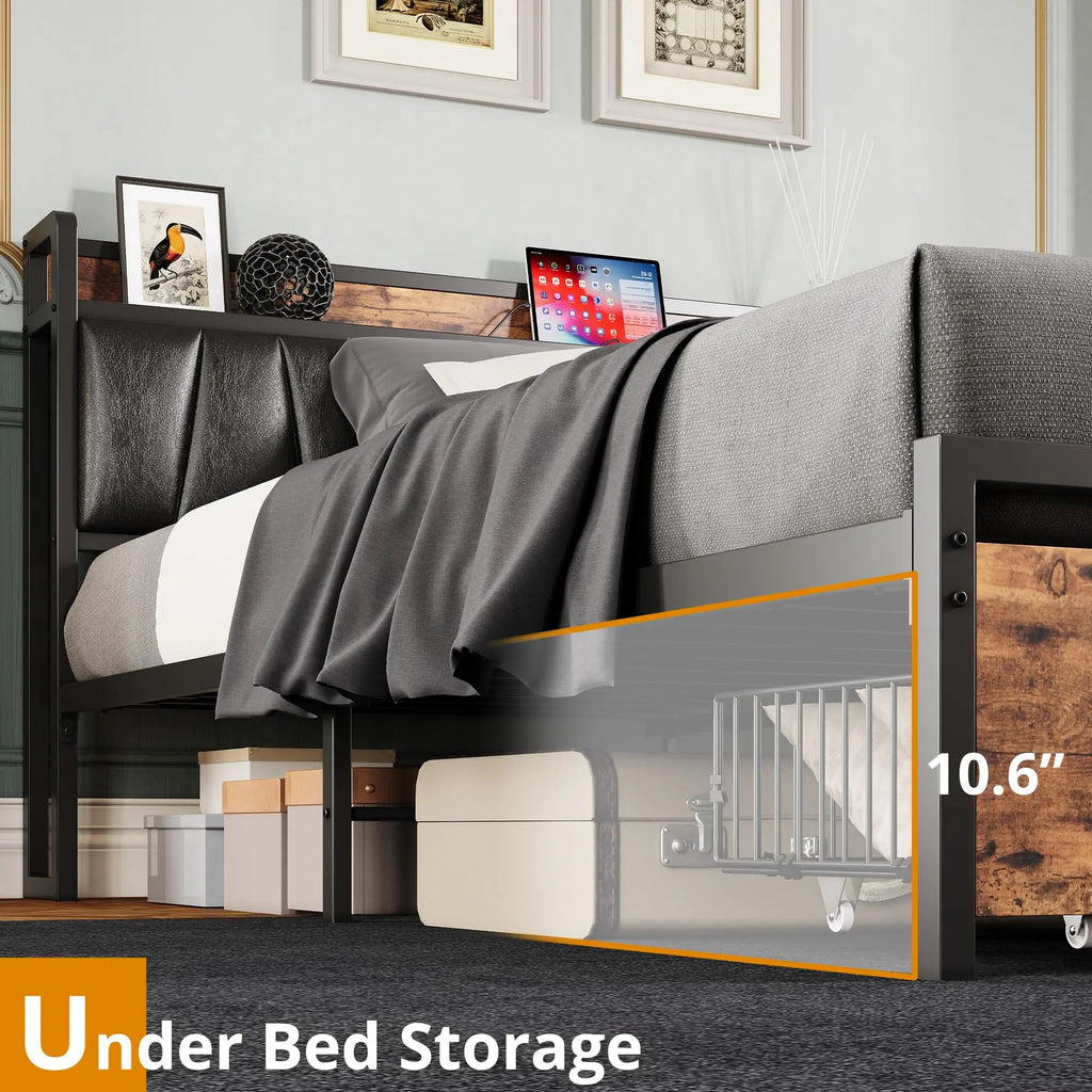 California King Size Bed Frame, Storage Headboard with Charging Station, Platform Bed with Drawers, No Box Spring Needed