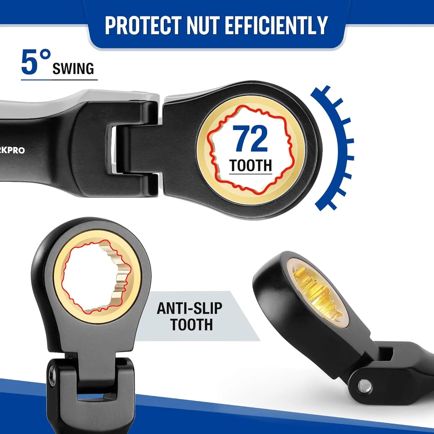 8-Piece Stubby Anti-slip Ratcheting Wrench Set, Metric 8-17mm, 72-Teeth, Flexible Head with Rolling Pouch