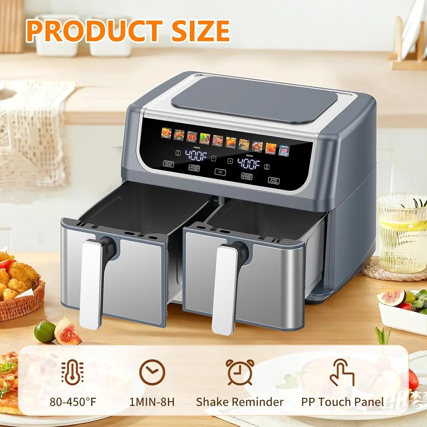 10-in-1 Air Fryer 9.5 QT, Large Airfryer with with 2 Independent Frying Baskets, Sync Finish & Match Cook, Shake Reminder