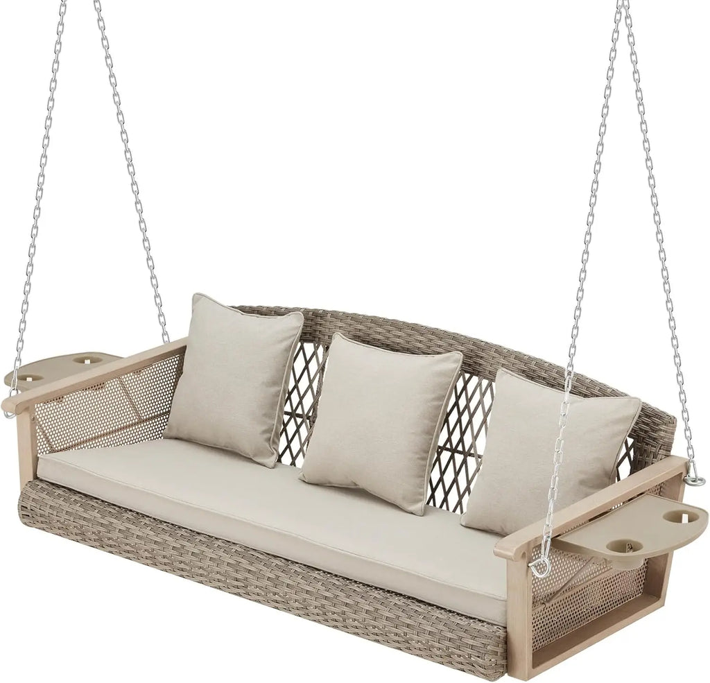 3-Person Wicker Porch Swing with Upgraded Cup Holder, 900lbs Capacity