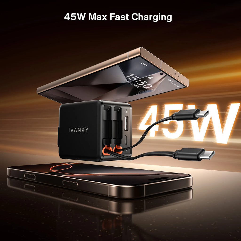 4 in 1 45W Fast Charging Retractable Wall Charger with Dual USB C Cables