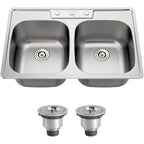 33x22 Double Bowl Drop In Kitchen Sink 304 Stainless Steel 18 Gauge Curved Shape Round Corner