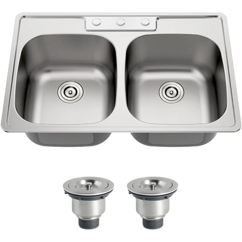 33x22 Double Bowl Drop In Kitchen Sink 304 Stainless Steel 18 Gauge Curved Shape Round Corner