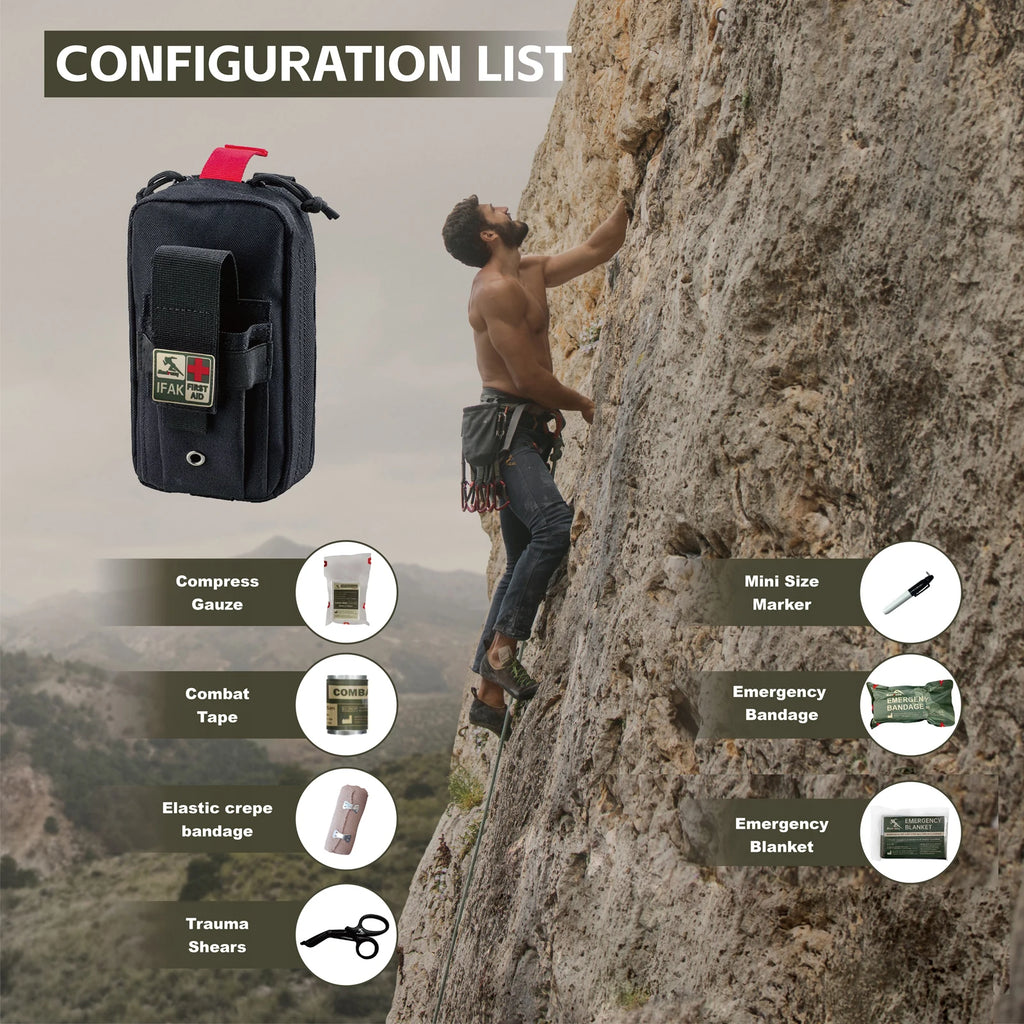 Compact Emergency First Aid Essentials for Military, Camping, Hiking, and Everyday Survival (Black)