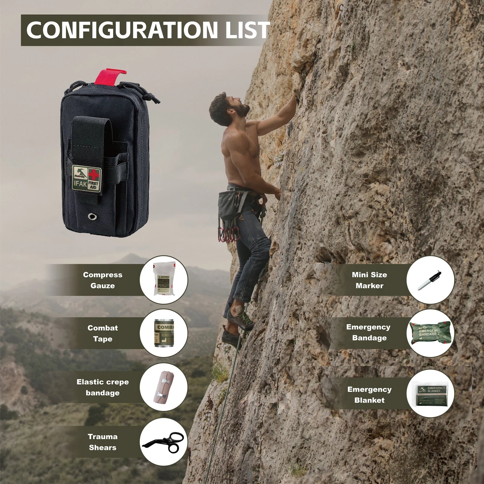 Compact Emergency First Aid Essentials for Military, Camping, Hiking, and Everyday Survival (Black)