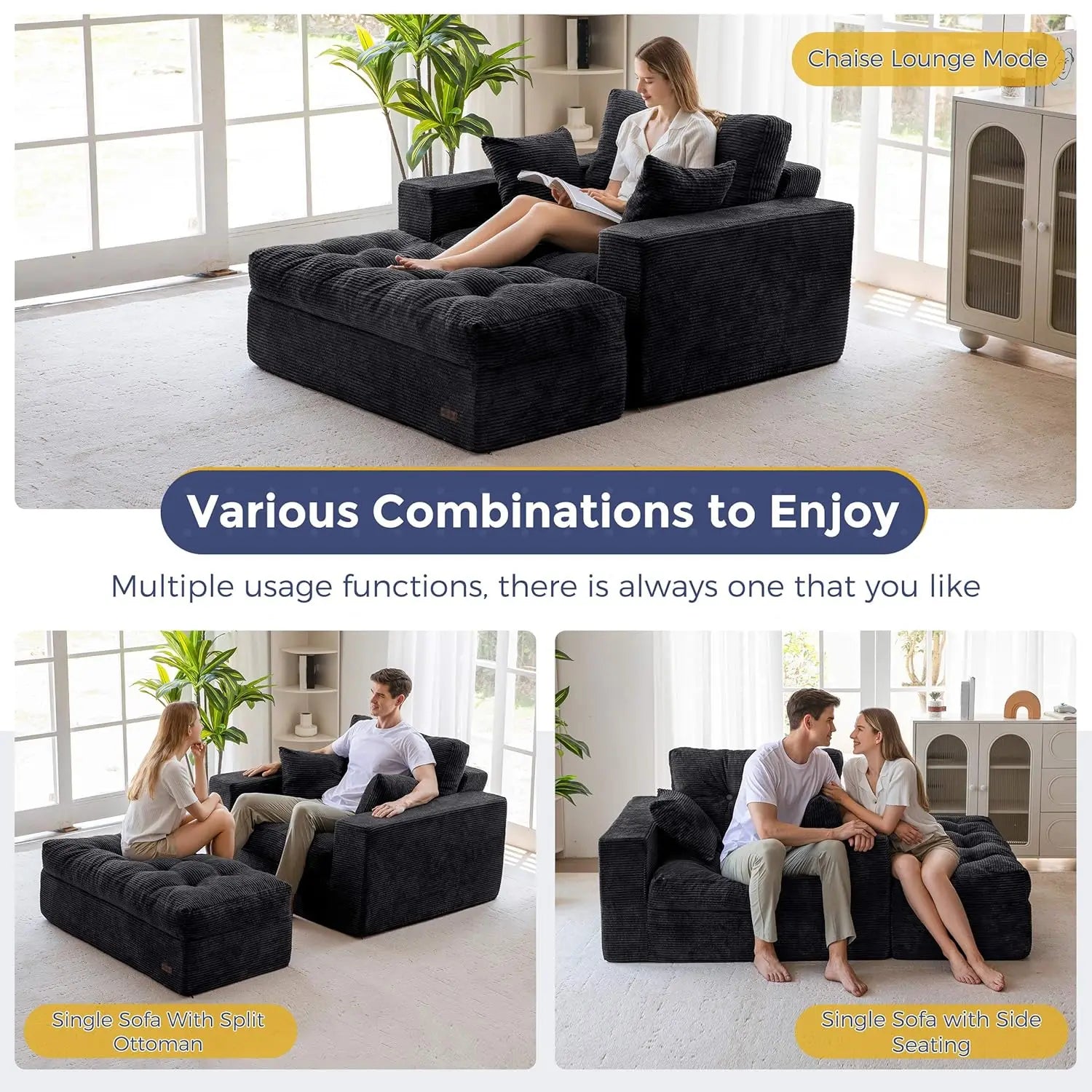 Upholstered Lounge Chair with 3 Pillows, Tufted Boneless Sofa Couch with Ottoman