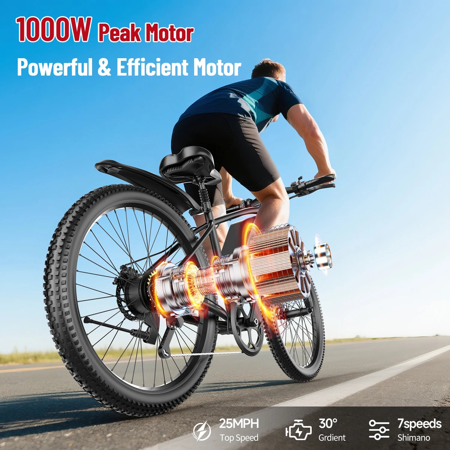 26'' Electric Bike for Adults 1000W Peak Motor 40 Miles 25MPH Commuter EBike 7 Speed Waterproof Pedal Assit Electric Mountain
