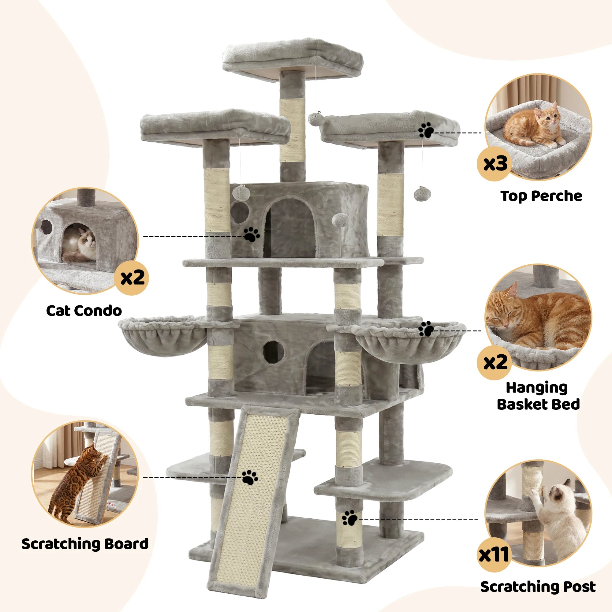 68in Large Multi Level Cat Tree Tower Indoor Activity Center 2 Condos 3 Plush Perches Scratching Post