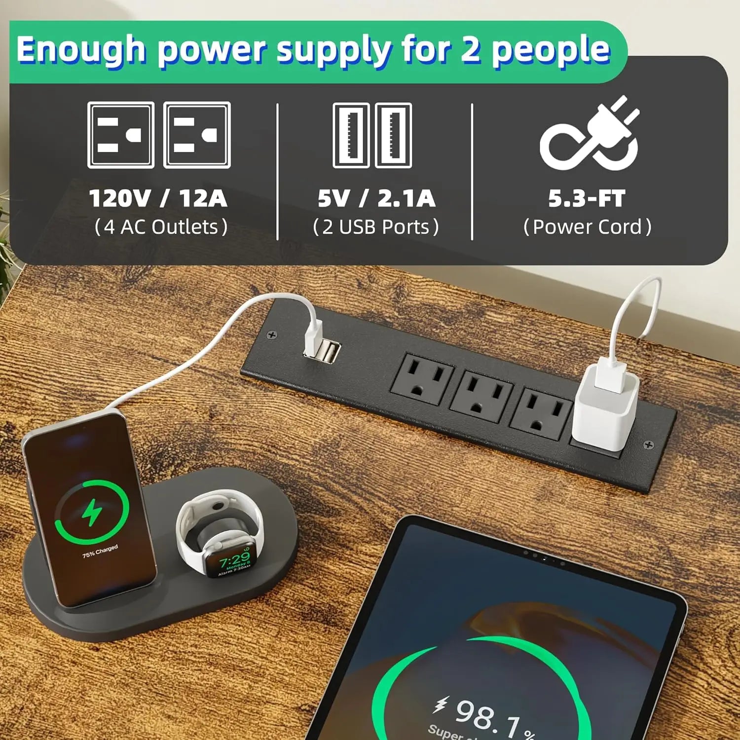 93-Inch Two-Person Desk with Charging Station, 3 Drawers & Printer Shelf for Home Office