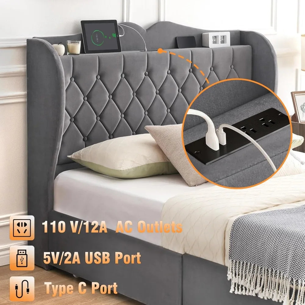 King Size Bed Frame, 4 Storage Drawers, Charging Station